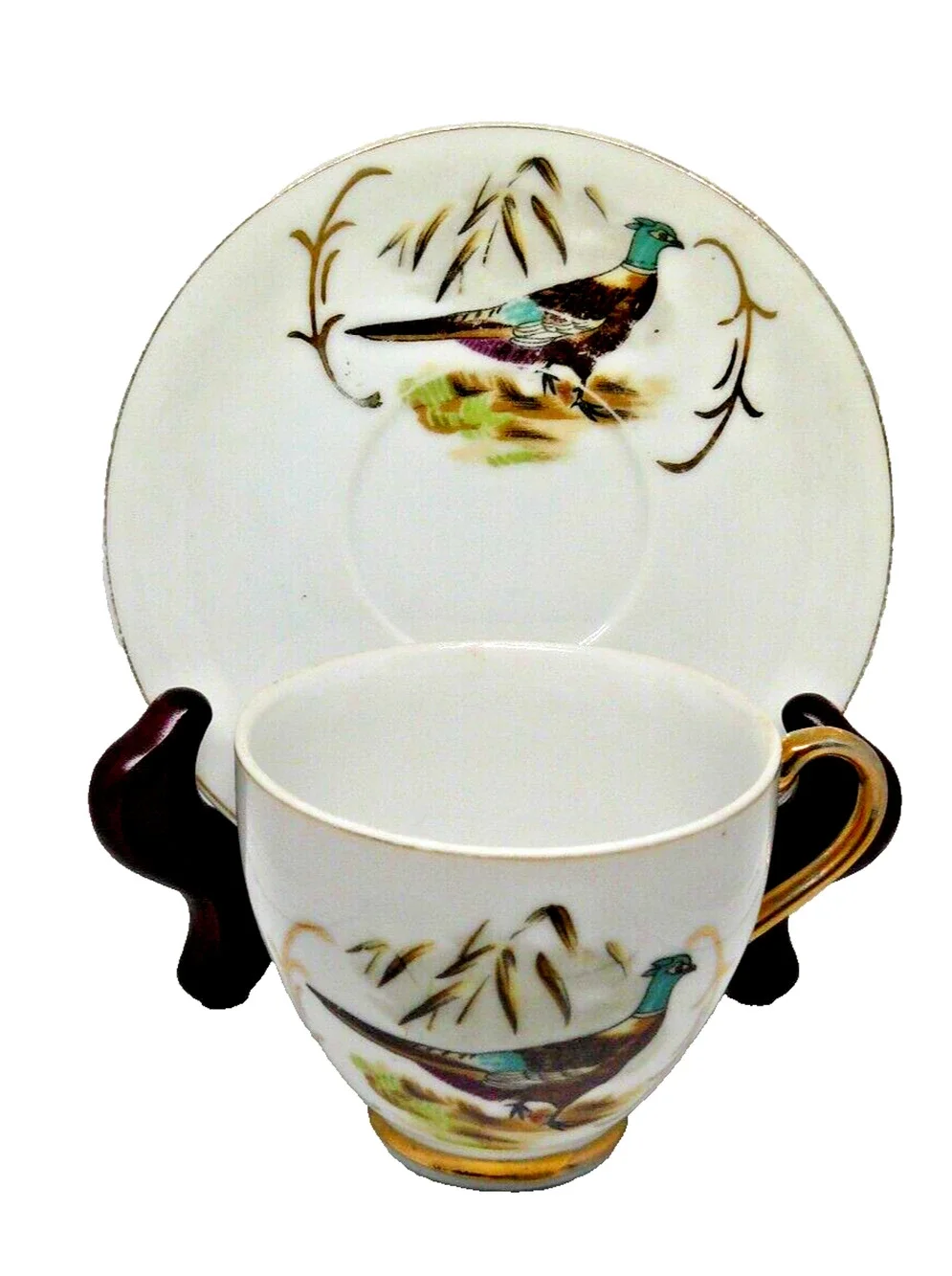 Rare Porcelain Footed Cup & Saucer Set w Pheasant Design & Gold Trim Vtg Japan